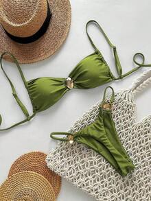 Bikini de color sólido, bikini sexy con lazos, traje de baño de dos piezas fresco y sencillo para mujer. - Verde militar - Ver 12