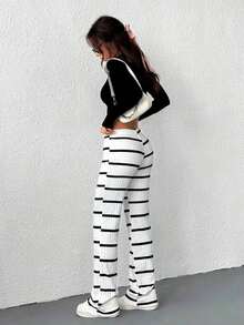 Pantalones casuales de mujer con cintura con cordón acanalado, para primavera/otoño - Blanco - Ver 4