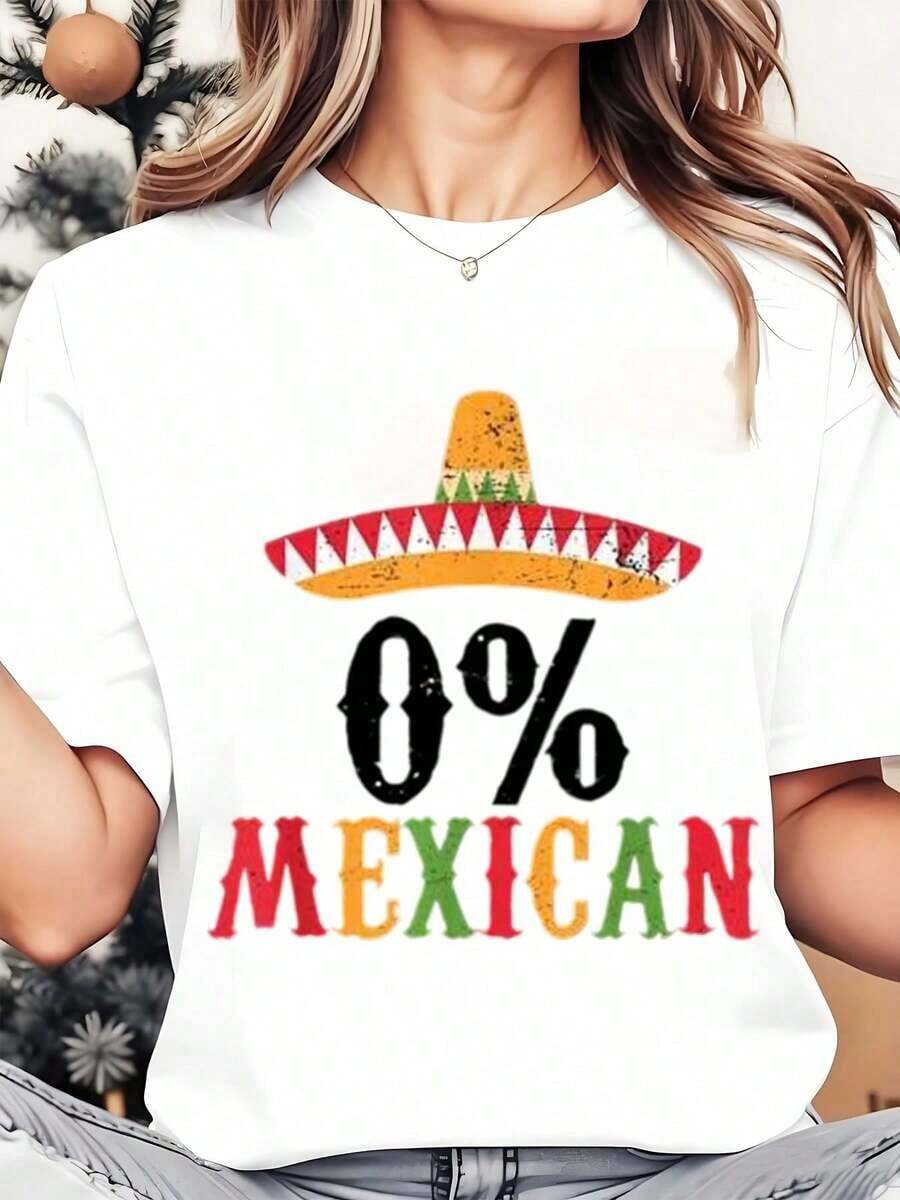 Sombrero 0 Percent Women's Mexican Print Crew Neck T-Shirt For Party, Cinco De Mayo Celebration, 220g, Short Sleeve T-Shirt - 白色 - 查看 1