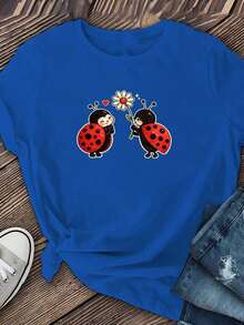 Loose Ladybug Floral Print T-Shirt, Women's Crew Neck Top, Casual Everyday Shirt, Cute Insect Design, Suitable For Spring And Summer, For All Seasons. DDQDBasic Women's Cotton Crew Neck T-Shirt - 藍色的 - 查看 3