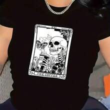 Women's Sets: Skull Design Short Sleeve T-Shirt | Durable And Lightweight, Ideal For Casual Dinners, Comfortable Fit, Stylish Graphic Tee For Everyday Wear, Breathable Fabric,  Look, Crew Neck, Medium Stretch Fabric, Print, Plus Size Women's Fashion Print Short Sleeve T-Shirt, Casual Crew Neck, Loose Fit, Soft And Comfortable T-Shirts For Everyday Wear In Summer. - 黑色 - 查看 7