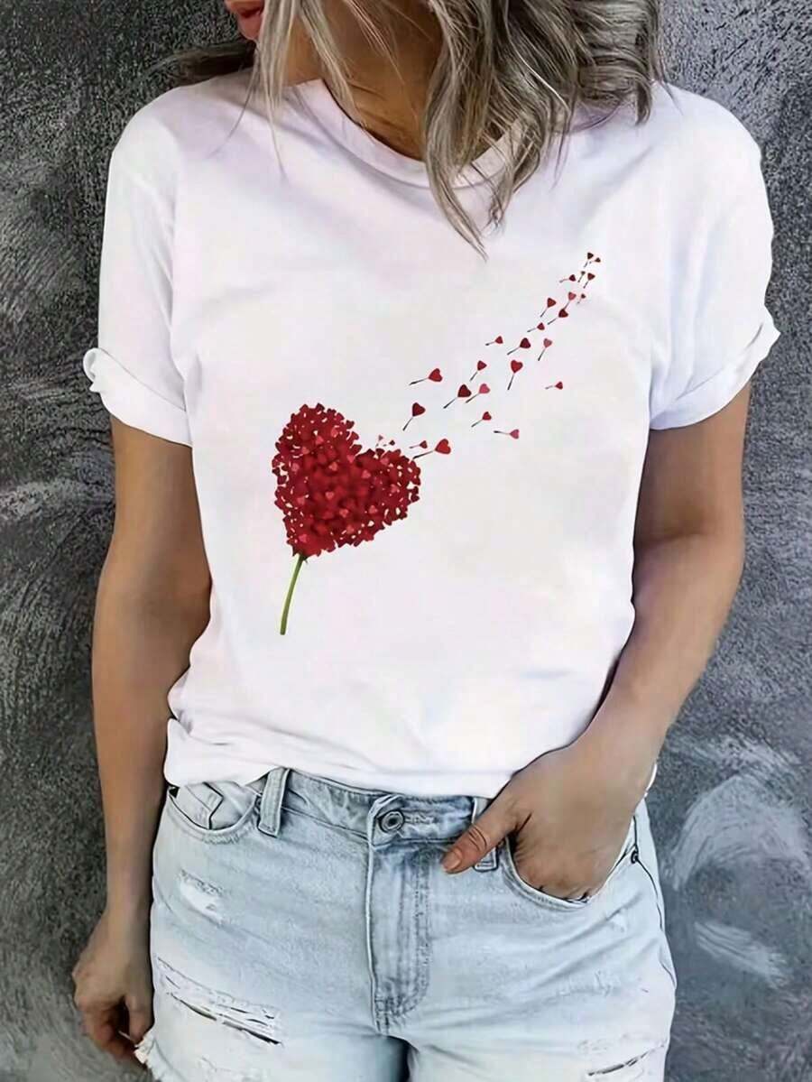Limited Edition Women's T-Shirt, Casual Style, Sweet Heart-Shaped Bouquet Print, Soft Fabric, Loose Fit, Round Neck, Short Sleeves, Spring/Summer, Everyday Wear, Valentine's Day, Heart, Lightweight Cotton - 白色的 - 查看 1