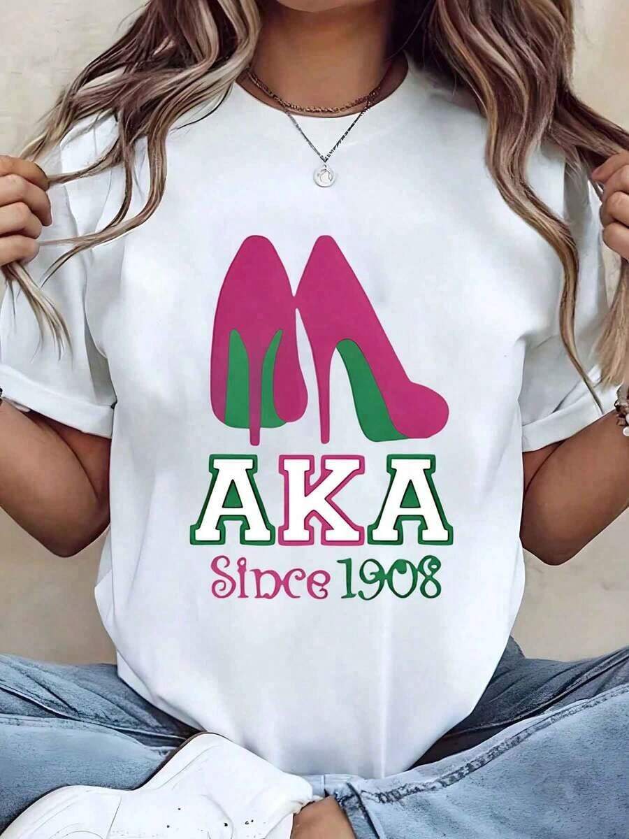 Soft, Breathable, And Lightweight For All-Day Comfort. Women's T-Shirt With "Aka Since 1908" Print And High-Heel Shoe Design, Crew Neck, Casual Wear, Gift For Her, 220g. Classic Crew Neck With A Relaxed Fit That Flatters All Body Shapes And Is Easy To Pair With Jeans, Shorts, And Leggings. - 白色 - 查看 1