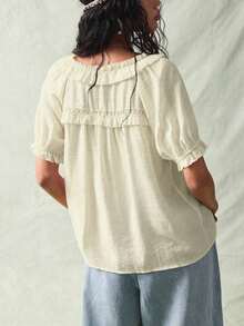 Blusa de verano de mujer con botones frontales, manga corta y volantes en color liso - Amarillo claro - Ver 2