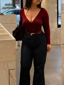 Plus Size Women's Deep V-Neck Backless Long Sleeve T-Shirt In Burgundy, Fashionable, Elegant, Loose-Fit Basic Tee Suitable For Casual, Shopping, Carnival Party Wear In Spring, Summer And Autumn - Burgundy - View 5