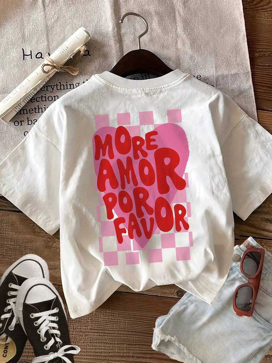 [Imágenes Frontales y Traseras] Camiseta de Mujer de Manga Corta con Cuello Redondo, Estilo Vintage Primavera/Verano, Estampado de Corazones y Cuadros, 100% Algodón, Ropa de Verano para Mujer, Blusa y Camisa para Mujer, Adecuada para Bodas, Vacaciones en la Playa y Otras Ocasiones. - Blanco - Ver 1