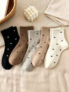 5 Pairs Muted Color Heart Print Ribbed Breathable Soft Mid-Calf Socks, Versatile For Casual, Home, Commute, Student Style, Skin-Friendly, Suitable For All Seasons - Multicolor - View 4