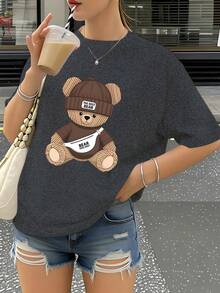 Camiseta de Verano de Alta Gama para Mujer con Estampado de Oso Marrón, Camiseta de Moda Moderna, Top Casual de Manga Corta con Cuello Redondo, Ropa de Primavera/Verano para Mujer. - Negro - Ver 11