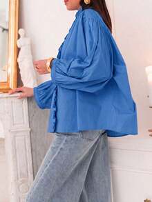 Nueva blusa elegante con diseño de volantes/volantes de tela arrugada, elegante y versátil para citas, hogar, viajes, todas las estaciones - Azul oscuro - Ver 6