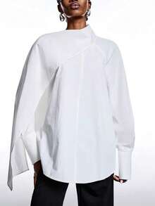 2026 Nueva camisa de manga larga de unicolor de estilo callejero minimalista para mujer, primavera/verano, negro - Blanco - Ver 3