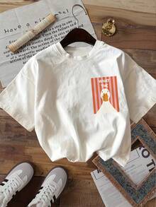 Top de Moda para Mujer con Estampado Doble y Ligero, Ropa de Verano para Mujer, Estilo Minimalista, Estampado de Rayas de Pato, Cuello Redondo, Camiseta de Manga Corta Pura, Camiseta Larga K - Blanco - Ver 2