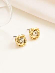 1 paire de boucles d'oreilles élégantes en zircone incrustée torsadée, convenant à un port quotidien - Doré - Voir 4