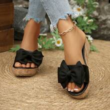 Women's Bow Tie Cork Wedge Slide Sandals, Open Toe Comfortable Beach/Casual Vacation Shoes - Black - View 4