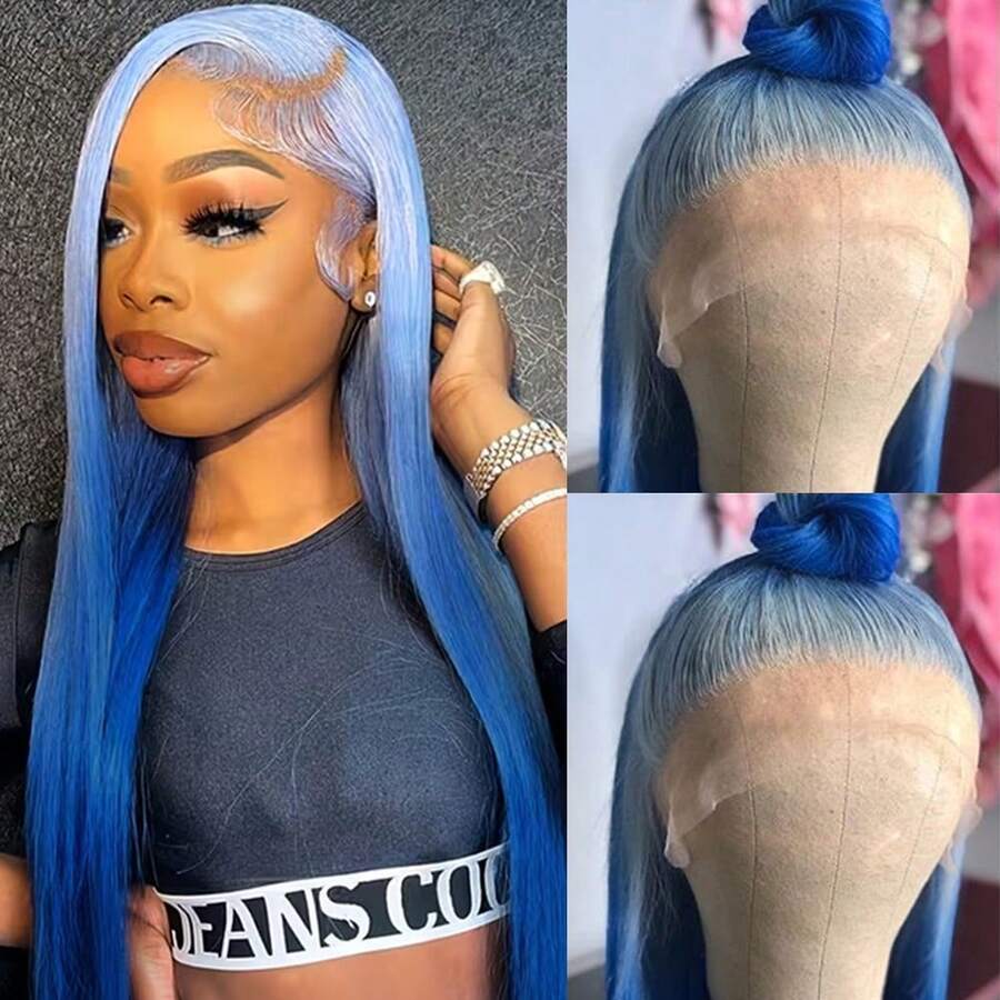 Gorgeous Ombre Blue Synthetic Lace Front Wigs 26 Inch Pre Plucked Long Straight Hair Wigs Glueless Blue White Ombre Colored Wigs Soft Christmas Wigs Heat Resistant Ombre Blue Lace Front Wigs For Fashion Women Perfect For Daily Wear & Parties - 漸層藍色 - 查看 1