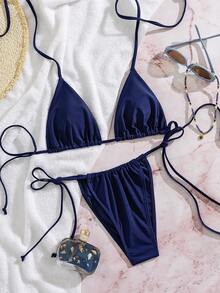 Bộ bikini nữ gợi cảm màu trơn cổ yếm đi biển, bộ bikini gợi cảm màu trơn, áo cổ yếm buộc sau lưng và quần buộc hai bên cho mùa hè - Xanh đậm - Xem 3
