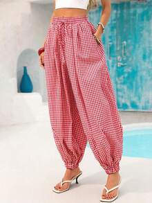 Pantalones holgados de tiro alto con bolsillos y estampado de cuadros para mujer, ideales para vacaciones, estilo vacacional, atuendos de verano. Pantalones holgados con cintura elástica y estampado de cuadros, adecuados para la oficina, negocios, vacaciones, uso casual, diario, universidad, viajes. Nuevos pantalones de verano para mujer, pantalones de trabajo, pantalones envolventes, pantalones de trabajo para mujer. - Rojo - Ver 10