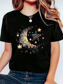 Camiseta casual de mujer con cuello redondo y estampado gráfico de copa de margarita, hoja de limón y letra, estilo Tequila Cocktail, suelta para primavera/verano, playeras de mujer - Negro - Ver 5