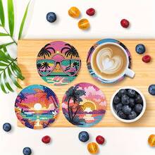 8pcs Diamond Painting Coaster Set, Round Bright Diamond Surface, Sturdy Adhesive With Full Tools, Easy For Beginners, Stress Relief Handcraft, New Year, Valentine's Day, Christmas, Teacher's Day Gift, Home Decor Tabletop Coasters For Family, Friends, Teachers - Multicolor - View 4