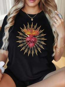 Camiseta de Mujer con Cuello Redondo y Mangas Cortas, Estampado Divertido de la Cruz del Sagrado Corazón, Camiseta Religiosa para Mujer, Diseño Espiritual Negro, Camiseta Gráfica de Moda, Ideal para el Día de San Valentín, Fiestas de Navidad, Actividades Deportivas, Fiestas de Vacaciones, Salidas, Deportes y Otros Regalos Festivos (220g). Blusas Para Mujer Camisa - Negro - Ver 7