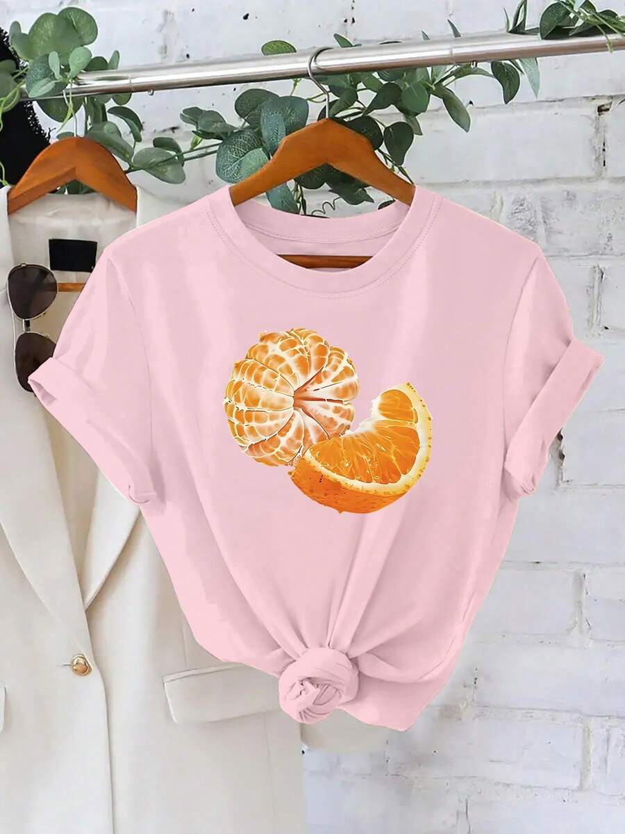 Plus Size, Summer Novelty, Women's Fashion Casual T-Shirt With Orange Slice And Pulp Print, Stylish Women's Clothing - 粉色 - 查看 1