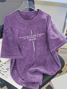 Camiseta de algodón lavado con estampado de texto religioso, estilo casual urbano, adecuada para salir, uso diario, deportes al aire libre y ocasiones para regalar, 180g 100% algodón. - Gris - Ver 9
