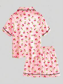 Tween Girl Cherry Print Button-Up Top And Shorts Casual Loungewear Set - Multicolor - View 3