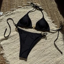 Nuevo y sexy traje de baño de dos piezas de nailon brillante metálico con anillos, espalda descubierta y lazo trasero. - Negro - Ver 10
