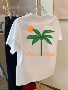 Camiseta de talla grande para mujer, manga corta, color sólido, estilo casual, para primavera/verano, de poliéster, con estampado frontal y trasero - Estampado de palmeras y vibraciones playeras - Camiseta estampada para mujer, primavera/verano, artículo de moda, transpirable y cómoda. - Blanco - Ver 3