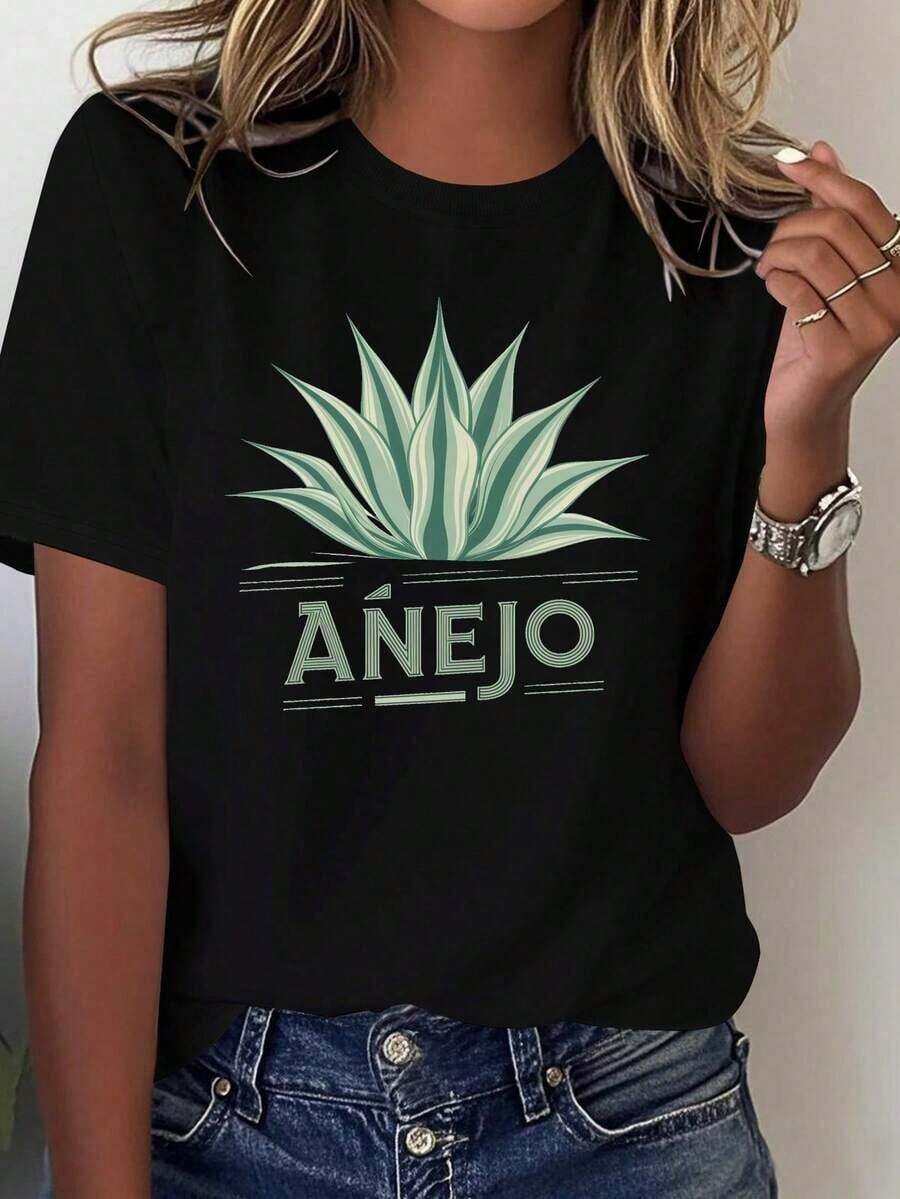 Camiseta Gráfica Vintage para Mujer con Diseño de Agave y Néctar de Agave - 100% Ajuste Cómodo, Cuello Redondo Casual, Manga Corta, Diseño de Tequila Mexicana, Ropa Casual para Todas las Temporadas, Lavable a Máquina, Patrón Geométrico, Corte Relajado, Estampado Retro Anejo, Diseño de Hojas de Agave Azul y Verde, Tejido Puro Transpirable, Adecuada para Todas las Temporadas, Elegante y Cómoda Camiseta de Moda para Mujer. - Negro - Ver 1