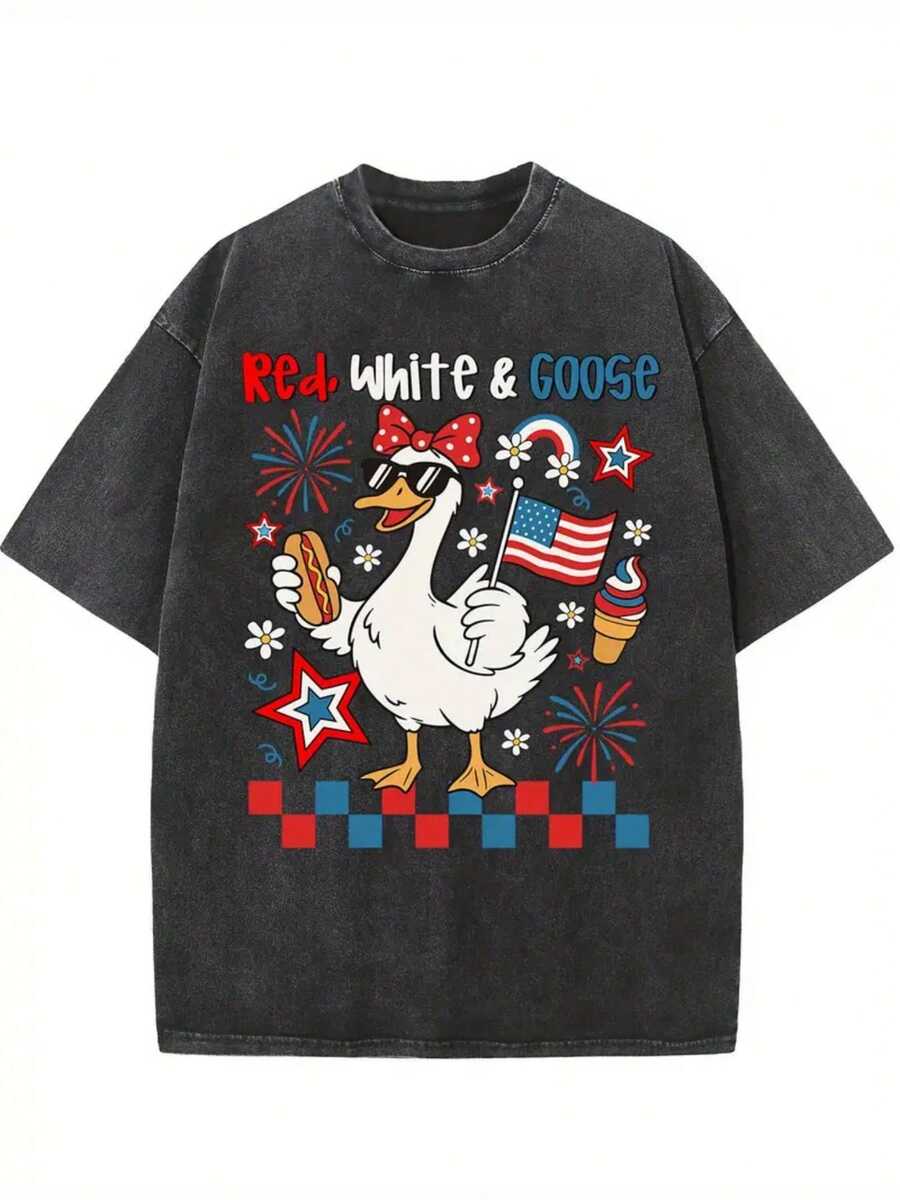 Men's & Women's Vintage Washed Cotton T-Shirt For Women With Modern Print - 230g Thick Cotton, Round Neck, Short Sleeves, Vintage Street Style, Machine Washable, Suitable For Casual Spring And Summer Wear, Loose Fit. - 黑色 - 查看 1