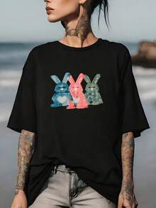 Camiseta con estampado de corazón de conejo de 180 g - Un regalo patriótico divertido y festivo, adecuado para familiares y amigos, y una elección perfecta para el Día de la Independencia y eventos de equipos de empresa. - Negro - Ver 1