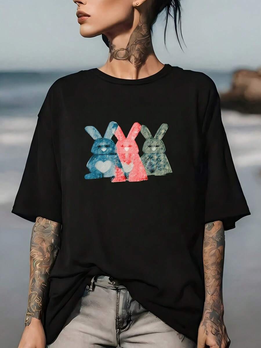 Camiseta con estampado de corazón de conejo de 180 g - Un regalo patriótico divertido y festivo, adecuado para familiares y amigos, y una elección perfecta para el Día de la Independencia y eventos de equipos de empresa. - Negro - Ver 1