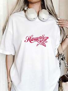 Women's T-Shirt, Floral Print T-Shirt With Leaves And "Hawaii" Text, Plus Size, Short Sleeve, Sporty Style, Retro Casual Style, Soft Crew Neck, Stretchy, Soft And Breathable, Machine Washable, Comfortable And Quick Drying, Ideal For Casual Wear, Women's Going Out T-Shirts - 白色 - 查看 7