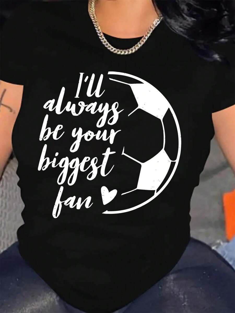 Camiseta Casual de Talla para Mujer, para Fanáticas del Fútbol - Hecha de tela, presenta un diseño geométrico, cuello redondo, adecuada para todas las estaciones, con un diseño de texto que ofrece soporte. Camiseta para Mujer. - Blanco - Ver 1