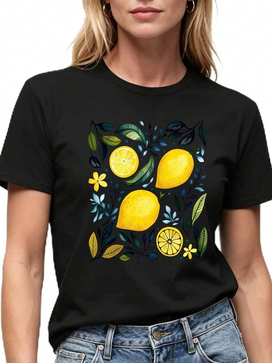 Camiseta de mujer con estampado de limones, blanca, de manga corta, estampado floral botánico de verano. - Negro - Ver 1