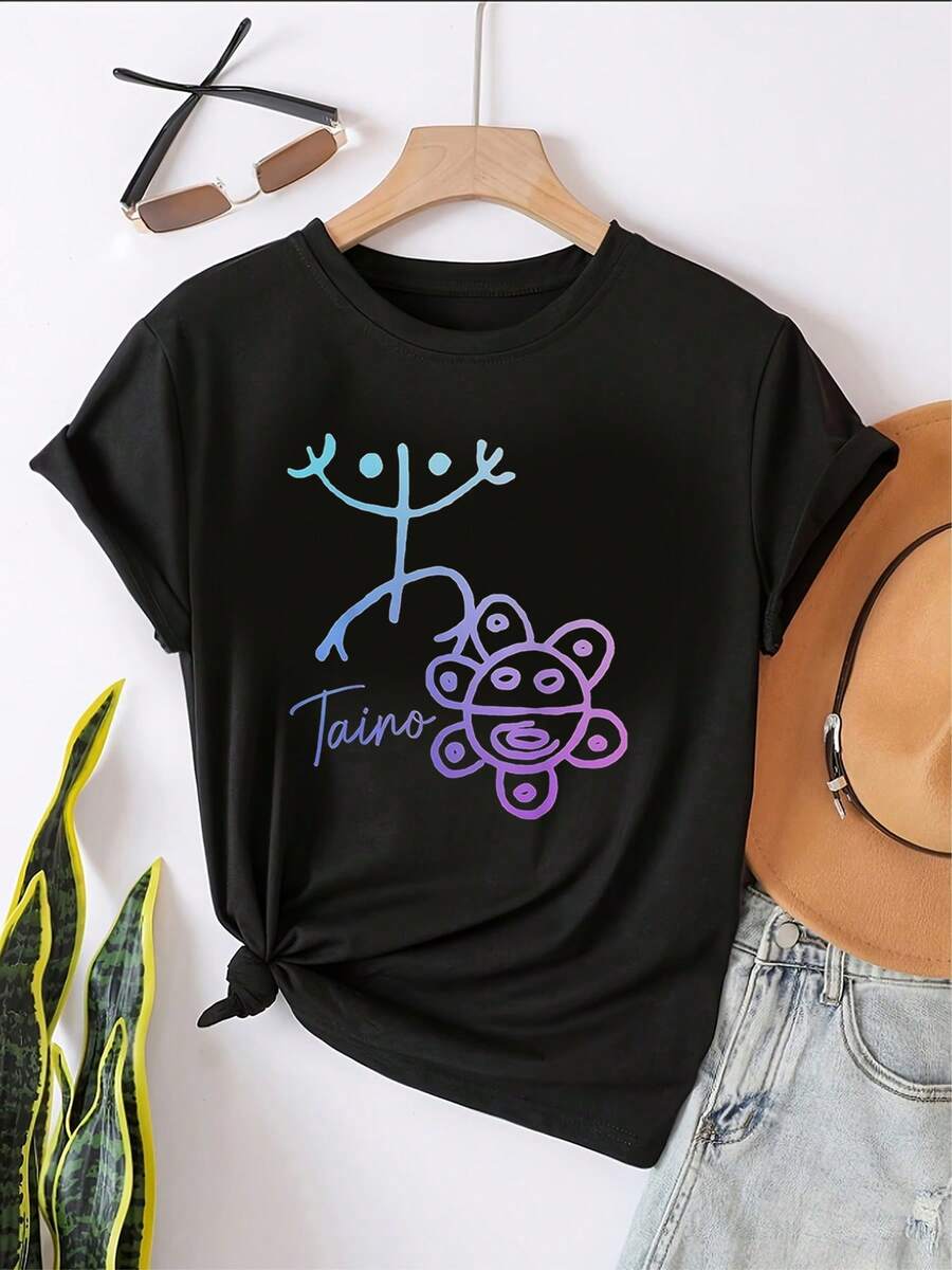 Women's Vintage Cotton T-Shirt With Puerto Rican Pride Taino Sun Coqui Graphic Design - Size S-M, Thick Fabric, Retro Cultural Style With Vibrant Taino Sun And Coqui Frog Design, Unisex, Crew Neck, Short Sleeve, Casual Wear - 黑色 - 查看 1