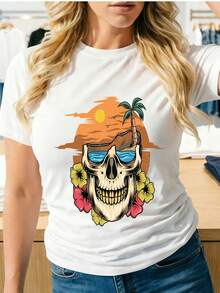 Camiseta de Mujer 100% Algodón - Cómoda y elegante para el verano, con un diseño de estampado moderno, adecuada para el uso diario, ideal para salidas familiares, eventos corporativos y actividades de team building. - Blanco - Ver 1