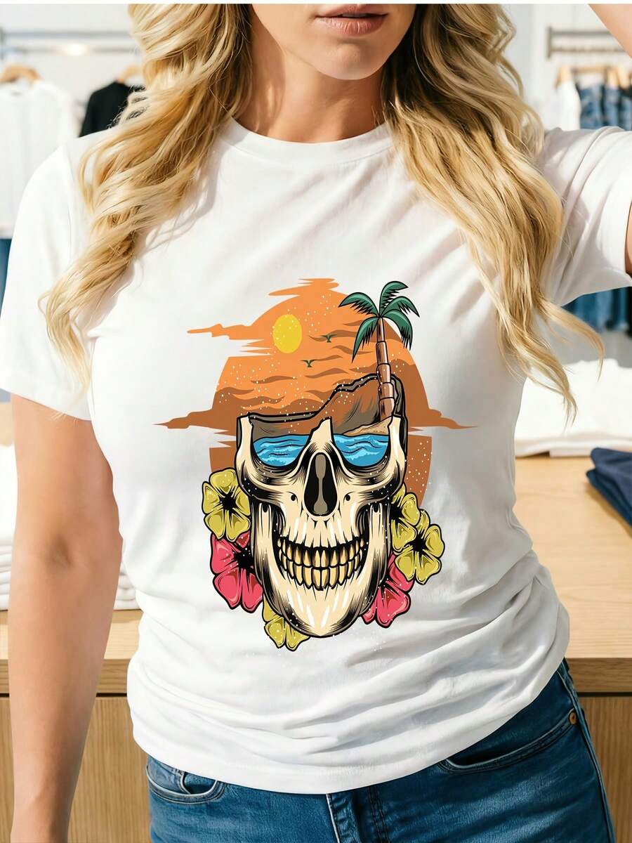 Camiseta de Mujer 100% Algodón - Cómoda y elegante para el verano, con un diseño de estampado moderno, adecuada para el uso diario, ideal para salidas familiares, eventos corporativos y actividades de team building. - Blanco - Ver 1