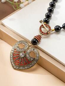 1 Pair Vintage Baroque Style Black Beaded Necklace, Retro Heart-Shaped Rhinestone Pendant Necklace, Niche Luxury Versatile Jewelry For Party And Commute - Multicolor - View 5