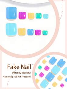 24pcs Short Square Disposable Toe Nail Stickers, Multi-Color Contrast, Including Green, Full Coverage Fake Nail Set, With 1pc Adhesive Tape And 1pc Mini Nail File, Suitable For Daily Wear, Random Delivery Of Jelly Glue - Multicolor - View 3