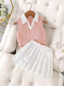 Girls' V-Neck Ribbed Knit Tank Top + Striped Bow Print Skirt 2Pcs Set, Suitable For Daily Wear, Outdoor Activities And Events, Spring/Summer - Baby Pink - View 1
