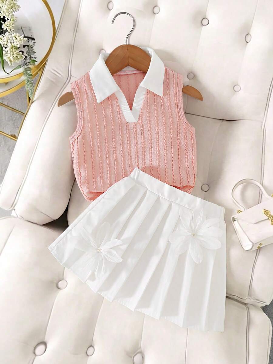 Girls' V-Neck Ribbed Knit Tank Top + Striped Bow Print Skirt 2Pcs Set, Suitable For Daily Wear, Outdoor Activities And Events, Spring/Summer - Baby Pink - View 1