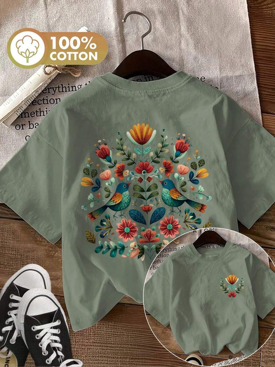 Limited Edition Women's Summer Clothing With Double-Sided Folk Style Prints, Floral And Bird Designs. Made Of Cotton, This Casual Short-Sleeved T-Shirt Has A Round Neck And Is Lightweight. - 綠色 - 查看 1