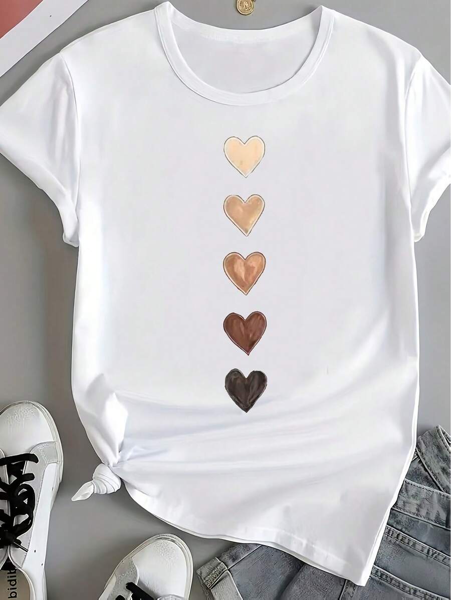 Women's Chic Black T-Shirt With Yellow Gradient Heart Design - Casual Round Neck, Short Sleeve, Stretchy Polyester Blend, Machine Washable - White - View 1