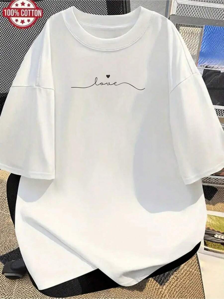 Limited EditionWomen'S Printed Short-Sleeve-Shirt, Made Of%, Soft And Breathable, Featuring An Easy Heart Line Print, And Casual Style, Versatile Various Occasions Such As Park Picnics, Outings, Or Relaxing At HomeLightweight Cotton - 白色 - 查看 1