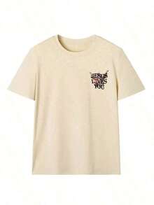 Camiseta de Verano para Mujer 100% Algodón, con Estampado de Letras "Jesus Loves You", Cuello Redondo, Manga Corta, Estilo Casual, Adecuada para Uso Diario, Blanca de Verano - Unisex para Mujer y Hombre, Ropa Casual para el Campus. - Albaricoque - Ver 5