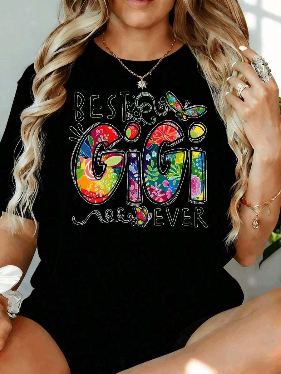 Camiseta con Gráfico de Mariposa Colorida "La Mejor Gigi de Todas" para Mujer, Regalo para Abuela, Top Casual de Verano 180g, para Ocio en Casa, Aire Libre, Regalo para Fiesta de San Valentín - Negro - Ver 1