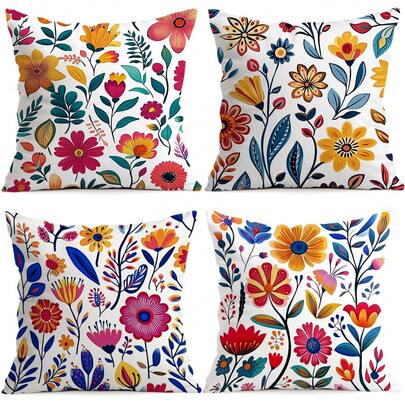 Juego de 4 fundas de cojín con estampado floral colorido, fundas de cojín impresas por un solo lado, adecuadas para la sala de estar, el dormitorio, la decoración del hogar, todo el año