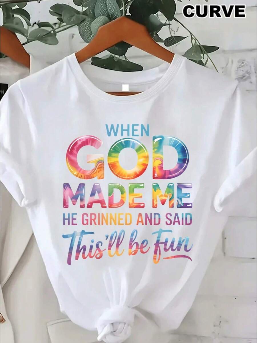Ropa de talla grande para mujer, camiseta de talla grande para mujer, top casual de manga corta con cuello redondo, tela de elasticidad media, lavable a máquina, ajuste cómodo adecuado para todas las estaciones, camiseta para mujer, camiseta con estampado plano 2D único, ajuste cómodo. - Blanco - Ver 1