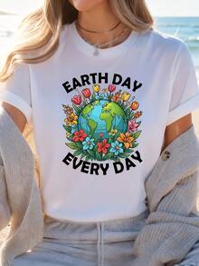 Camiseta de mujer con estampado de eslogan ecológico para el Día de la Tierra, diseño floral y vegetal, estilo casual para vacaciones, con cuello redondo. - Blanco - Ver 8